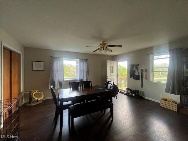 9355 Dozer Ridge Rd, Blue Rock, OH 43720 - dining area featuring plenty of natural light, ceiling fan, dark wood-type flooring, and baseboards