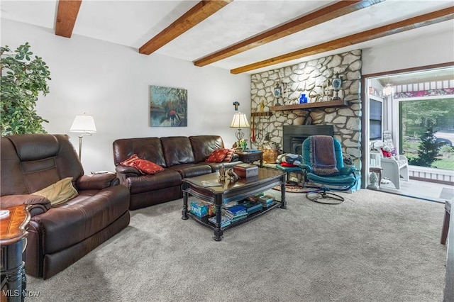 359 Boyce Dr, Chester, WV 26034 - carpeted living room featuring beam ceiling and a stone fireplace