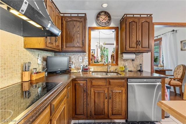 359 Boyce Dr, Chester, WV 26034 - kitchen with stainless steel dishwasher, under cabinet range hood, a sink, black electric cooktop, and tasteful backsplash