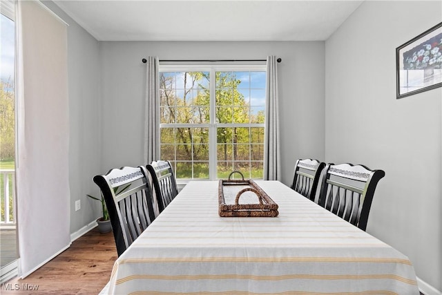 dining room with wood finished floors, plenty of natural light, and baseboards