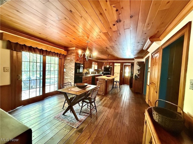 6859 Fairground Blvd, Canfield, OH 44406 - dining space with a chandelier, wooden ceiling, dark wood finished floors, and crown molding