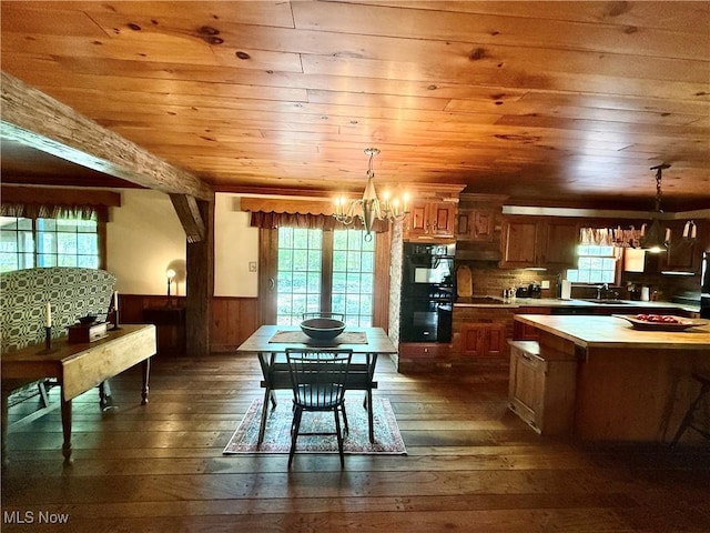 6859 Fairground Blvd, Canfield, OH 44406 - dining room featuring a wainscoted wall, dark wood-style floors, healthy amount of natural light, wooden ceiling, and a chandelier