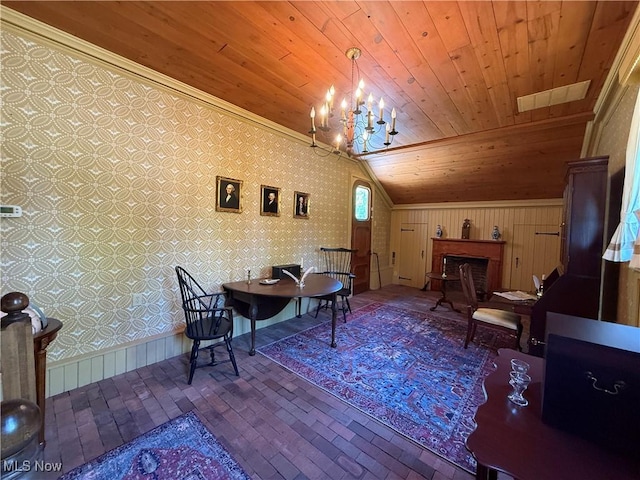 6859 Fairground Blvd, Canfield, OH 44406 - sitting room featuring wallpapered walls, wooden ceiling, vaulted ceiling, brick patterned flooring, and crown molding