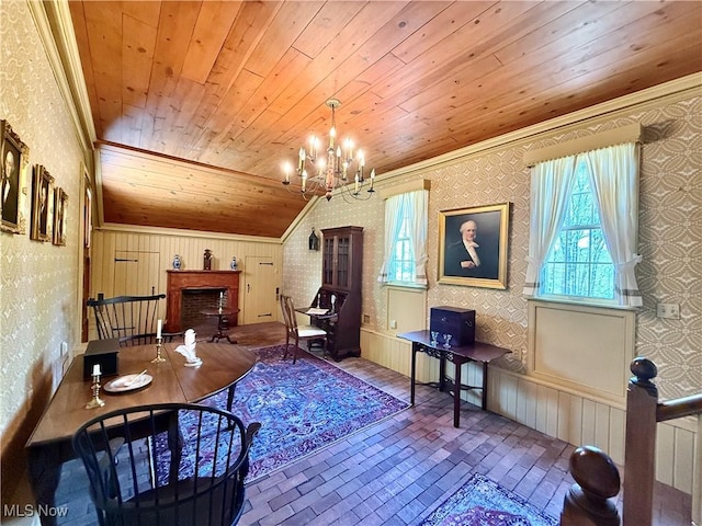 6859 Fairground Blvd, Canfield, OH 44406 - office space with wallpapered walls, wooden ceiling, brick patterned floors, a chandelier, and healthy amount of natural light