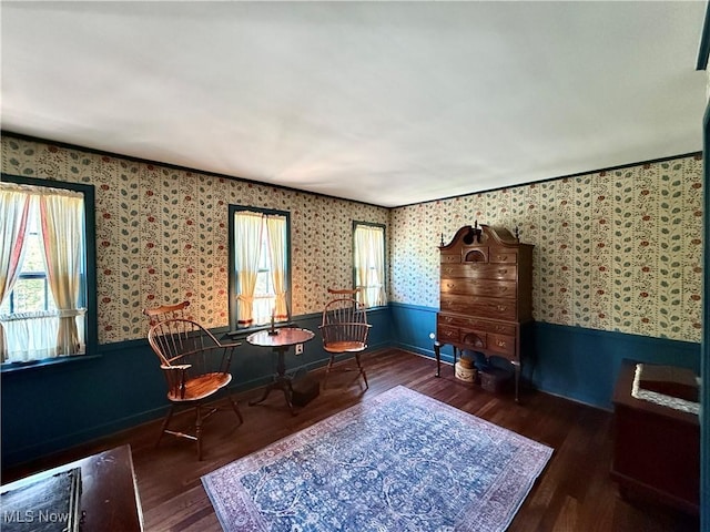 6859 Fairground Blvd, Canfield, OH 44406 - sitting room with wallpapered walls, wood finished floors, a wainscoted wall, and baseboards