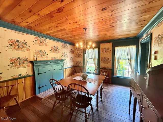 6859 Fairground Blvd, Canfield, OH 44406 - dining room featuring crown molding, a wainscoted wall, dark wood-style flooring, a chandelier, and wooden ceiling