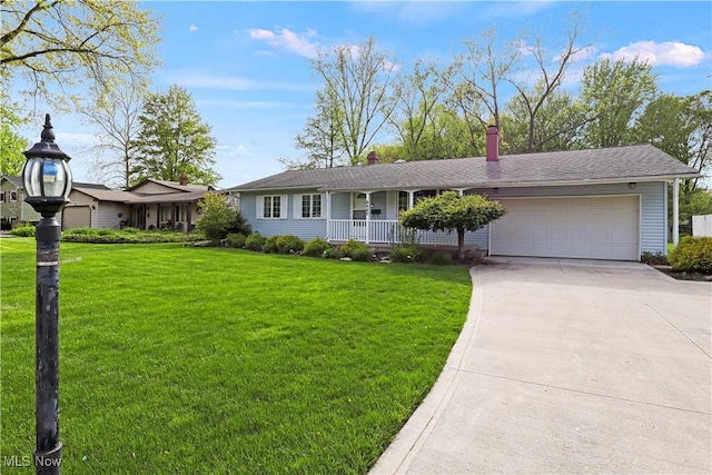 6442 Lockwood Dr, Mentor, OH 44060 - single story home with covered porch, an attached garage, concrete driveway, a front yard, and a chimney