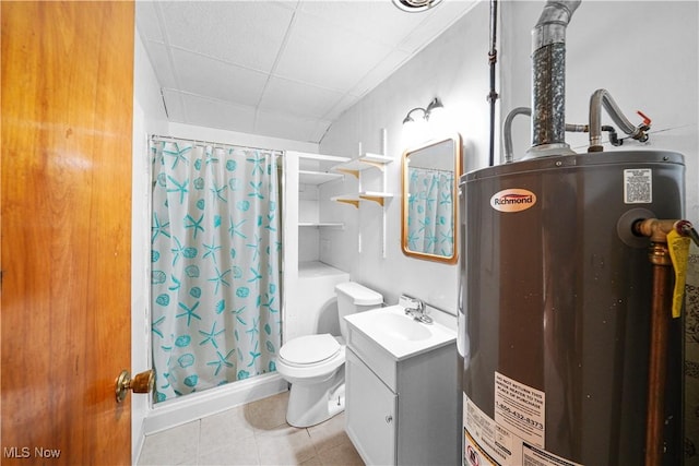 full bath with gas water heater, a shower with shower curtain, vanity, toilet, and a drop ceiling