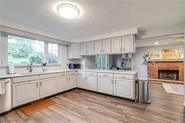 kitchen with a sink, stainless steel dishwasher, light wood-style floors, a textured ceiling, and light countertops