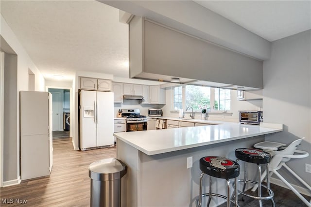 kitchen featuring appliances with stainless steel finishes, a peninsula, under cabinet range hood, light wood-type flooring, and light countertops