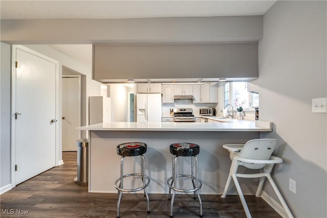 kitchen featuring stainless steel appliances, a peninsula, a sink, under cabinet range hood, and a kitchen bar