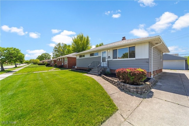 4760 Autumn Ln, Brooklyn, OH 44144 - ranch-style house with an outbuilding, board and batten siding, a front yard, a chimney, and a detached garage