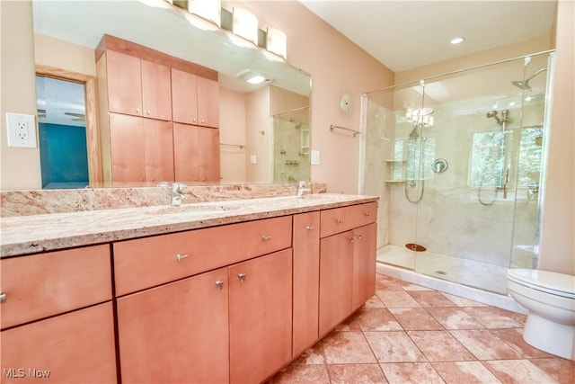 8220 Hermitage Rd, Concord, OH 44077 - bathroom featuring double vanity, a shower stall, toilet, and tile patterned flooring