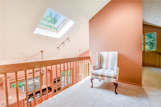 8220 Hermitage Rd, Concord, OH 44077 - living area featuring vaulted ceiling, healthy amount of natural light, a skylight, carpet flooring, and track lighting