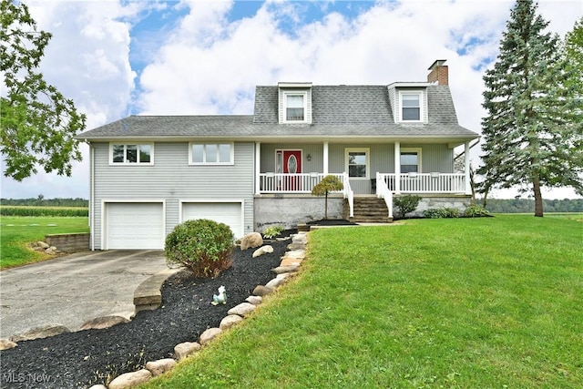 9960 Ridge Rdg, Farmdale, OH 44417 - view of front of house with a chimney, concrete driveway, a garage, covered porch, and a shingled roof