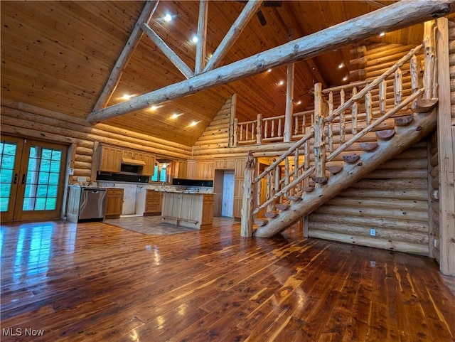 5216 Arrow Rd NW, Minerva, OH 44657 - unfurnished living room with high vaulted ceiling, wood ceiling, dark wood finished floors, stairs, and beam ceiling