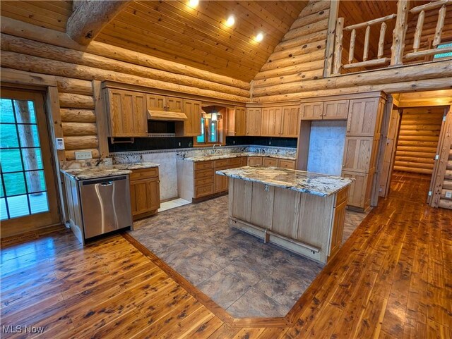 5216 Arrow Rd NW, Minerva, OH 44657 - kitchen featuring stainless steel dishwasher, wooden ceiling, light stone counters, a sink, and dark wood-style floors