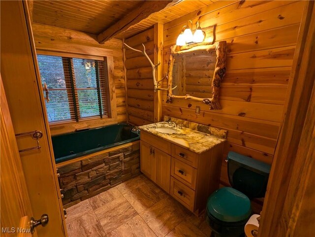5216 Arrow Rd NW, Minerva, OH 44657 - full bath with wood ceiling, rustic walls, a relaxing tiled tub, beamed ceiling, and vanity