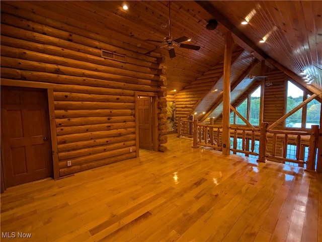 5216 Arrow Rd NW, Minerva, OH 44657 - unfurnished living room featuring light wood-style flooring, log walls, ceiling fan, wooden ceiling, and vaulted ceiling