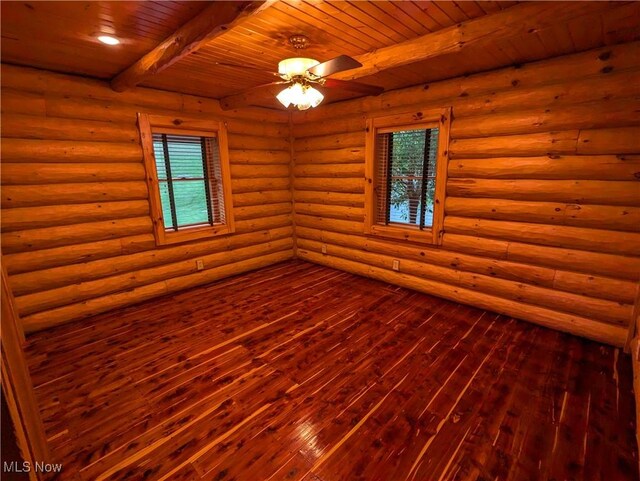 5216 Arrow Rd NW, Minerva, OH 44657 - spare room featuring beamed ceiling, dark wood-style floors, wooden ceiling, and ceiling fan