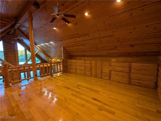 5216 Arrow Rd NW, Minerva, OH 44657 - additional living space featuring wood ceiling, ceiling fan, light wood-style flooring, and high vaulted ceiling
