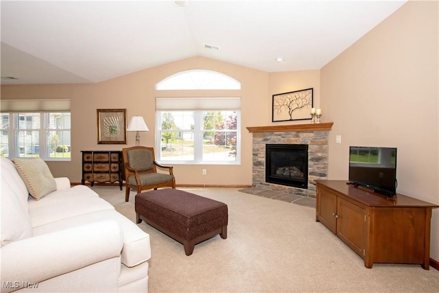 2618 Weatherington Ln Unit 264, Wooster, OH 44691 - living area featuring light colored carpet, lofted ceiling, a fireplace, and baseboards