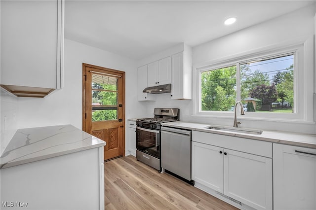4422 Forest Hills Blvd, Parma, OH 44134 - kitchen with stainless steel appliances, a sink, white cabinetry, under cabinet range hood, and recessed lighting