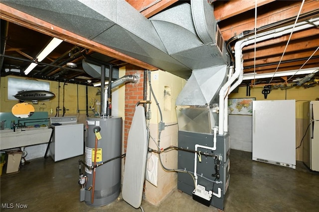 1883 Massillon Rd, Akron, OH 44312 - utility room with water heater, washing machine and clothes dryer, heating unit, and a sink