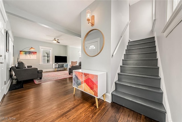 1303 W 115th St, Cleveland, OH 44102 - staircase featuring wood finished floors, a ceiling fan, and baseboards