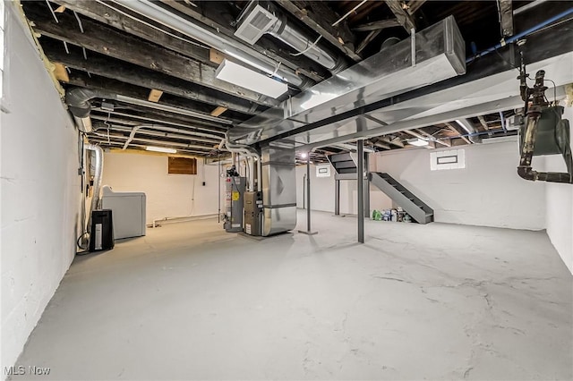 1303 W 115th St, Cleveland, OH 44102 - unfinished below grade area featuring stairway, water heater, washer / clothes dryer, and heating unit