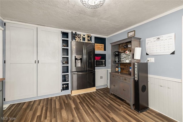 1439 Township Road 593, Ashland, OH 44805 - kitchen with stainless steel appliances, a textured ceiling, dark wood-style flooring, open shelves, and wainscoting