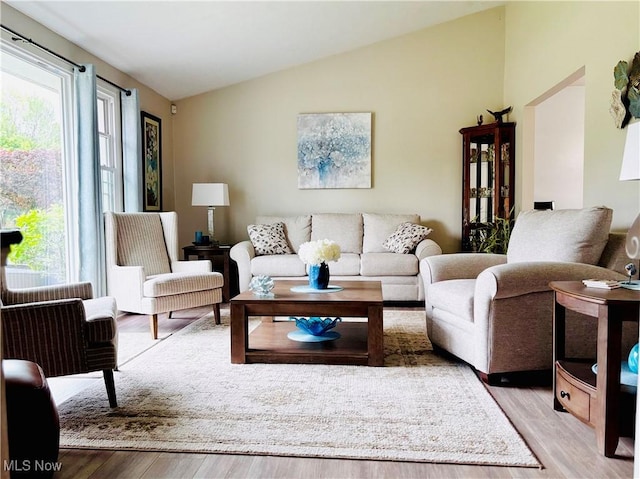 living area featuring vaulted ceiling and light wood-style floors