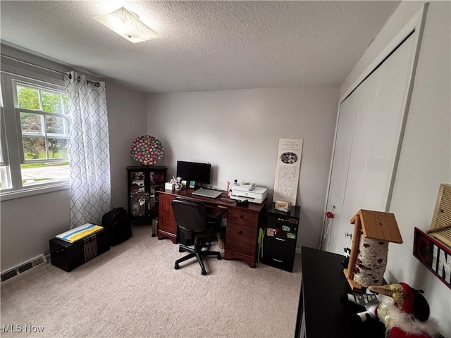 office featuring light colored carpet and a textured ceiling