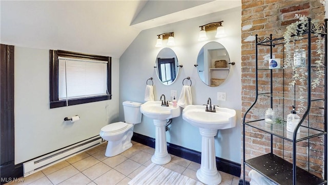 2963 Scranton Rd, Cleveland, OH 44113 - full bath with baseboard heating, tile patterned flooring, lofted ceiling, toilet, and tiled shower