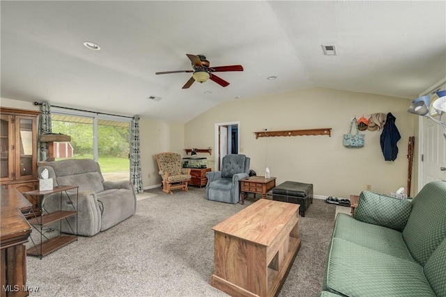 living room with vaulted ceiling, a ceiling fan, baseboards, carpet, and recessed lighting