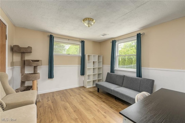living area featuring light wood finished floors, plenty of natural light, and a textured ceiling