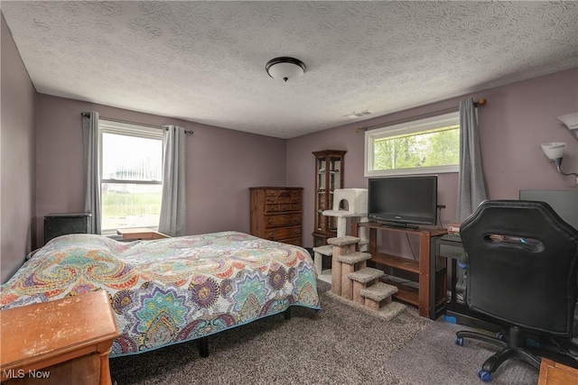 carpeted bedroom with a textured ceiling