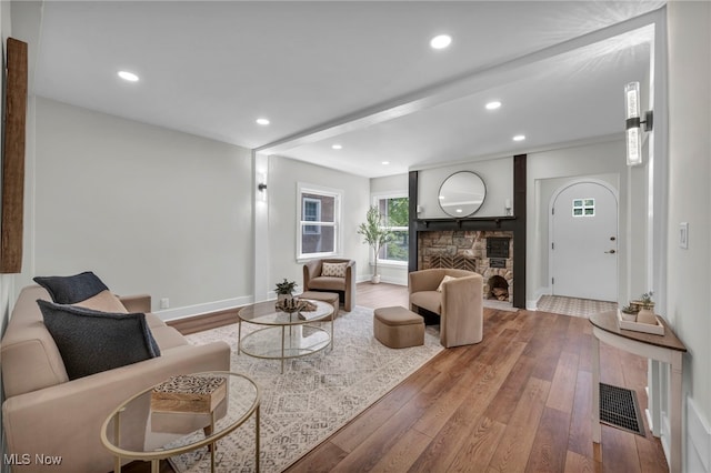 17617 Lomond Blvd, Shaker Heights, OH 44120 - living area with wood finished floors, baseboards, recessed lighting, and a fireplace