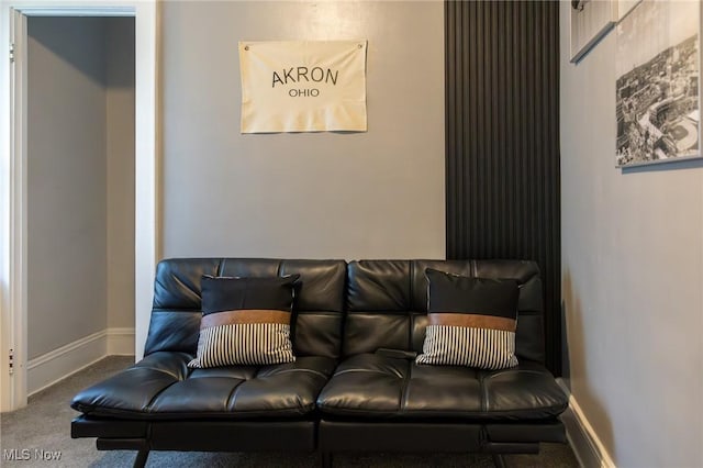 living room featuring carpet flooring and baseboards
