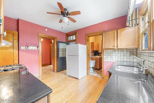 245 Merriman Rd, Akron, OH 44303 - kitchen with freestanding refrigerator, wallpapered walls, a sink, light wood-style flooring, and ceiling fan