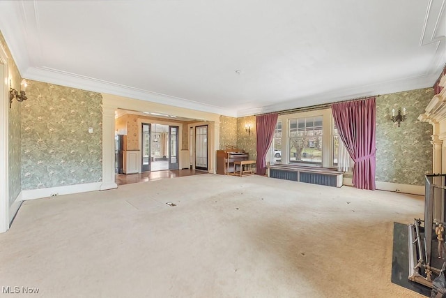 245 Merriman Rd, Akron, OH 44303 - unfurnished living room featuring carpet flooring, ornamental molding, wallpapered walls, baseboards, and radiator