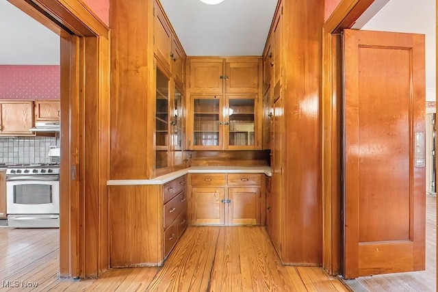245 Merriman Rd, Akron, OH 44303 - bar area with stainless steel range with gas stovetop, light wood-type flooring, wallpapered walls, under cabinet range hood, and backsplash