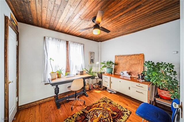 home office with wooden ceiling, ceiling fan, light wood-style floors, and baseboards
