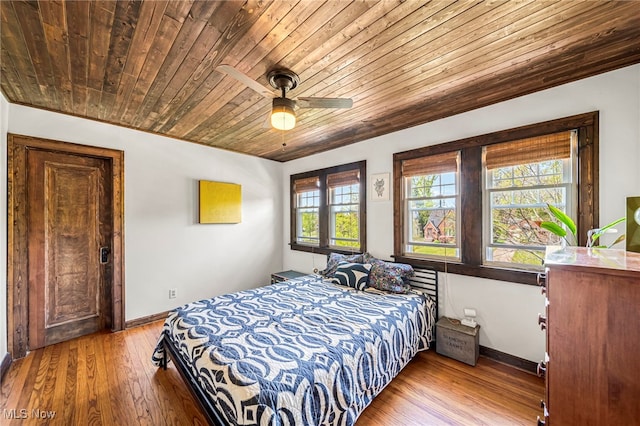 bedroom with wood ceiling, baseboards, light wood finished floors, and ceiling fan