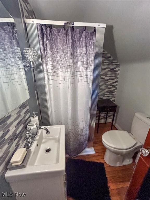 553 Willard Ave SE, Warren, OH 44483 - bathroom featuring wood finished floors, vanity, and a shower with curtain
