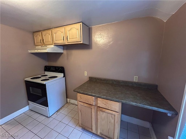 553 Willard Ave SE, Warren, OH 44483 - kitchen with range with electric cooktop, under cabinet range hood, light brown cabinets, dark countertops, and light tile patterned floors