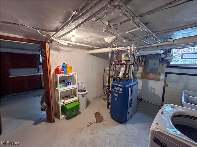 553 Willard Ave SE, Warren, OH 44483 - below grade area with electric panel, a heating unit, gas water heater, and washer / clothes dryer