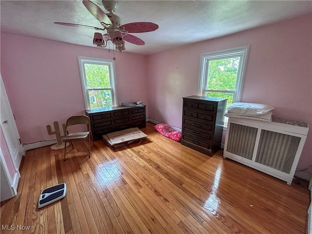 553 Willard Ave SE, Warren, OH 44483 - bedroom with light wood finished floors, multiple windows, ceiling fan, and radiator heating unit