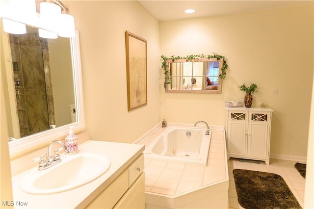 full bath with a whirlpool tub, vanity, tile patterned floors, a shower stall, and recessed lighting