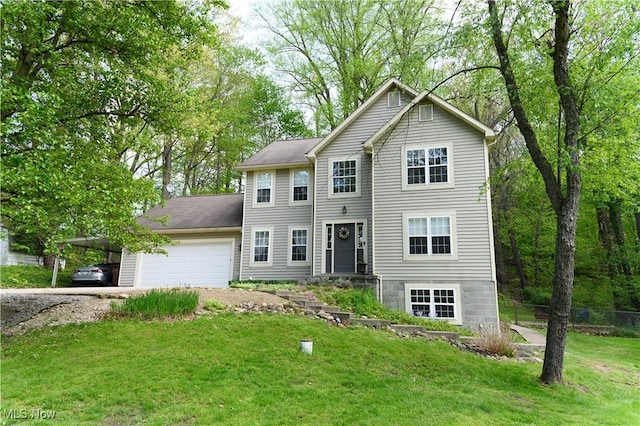view of front of house with dirt driveway, a carport, a front yard, and a garage